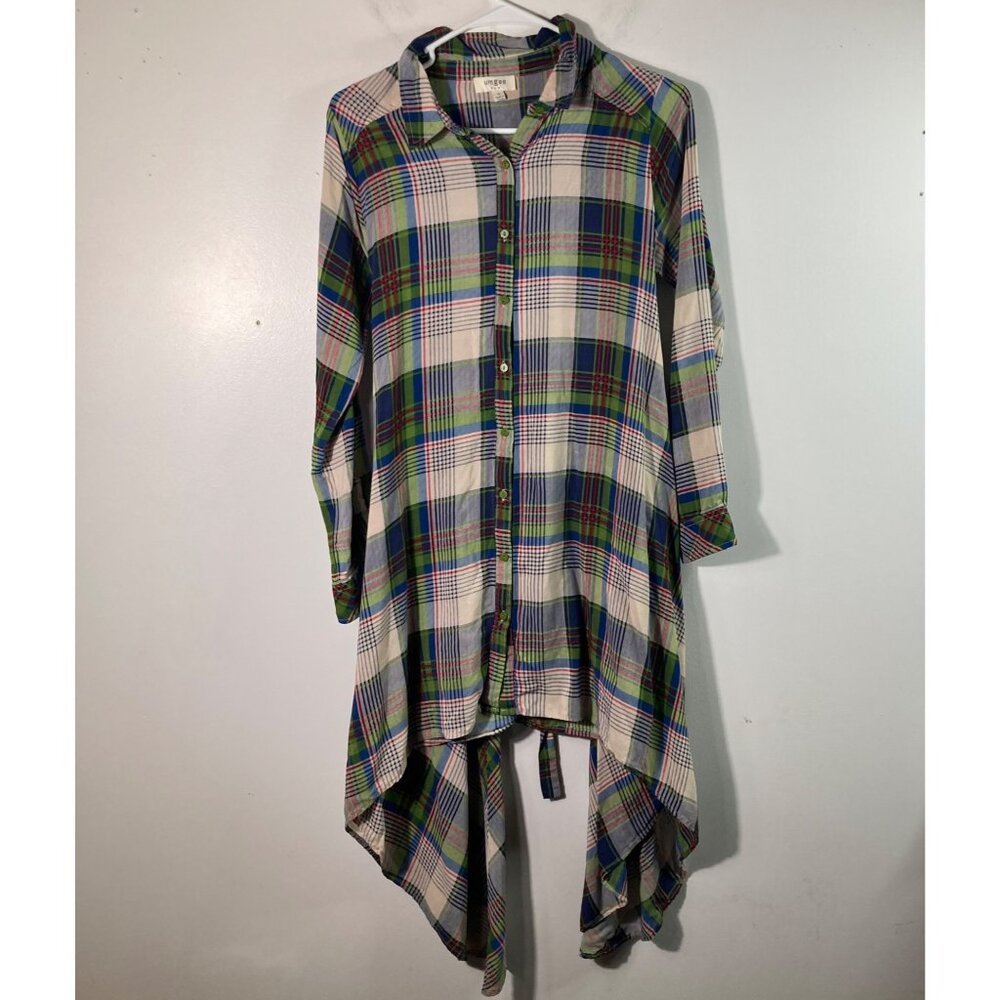Womens Umgee Plaid Lagenlook Tunic Top Green Blue S Long Sleeve Tie Waist Asymme